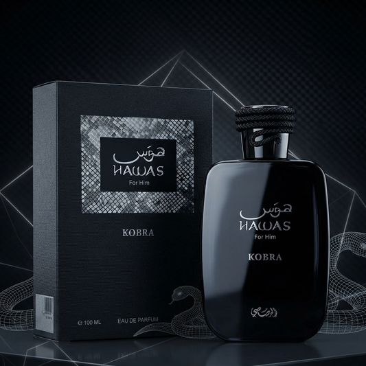 A black perfume bottle and matching black box labeled NAWAS For Men KOBRA, shown on a dark geometric studio background with snake line art.