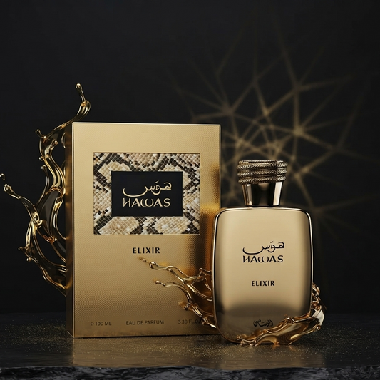 Gold-toned HALUAS Elixir perfume bottle displayed beside its matching box on a dark surface with decorative gold liquid-like accents against a black background.     SHE GLOW