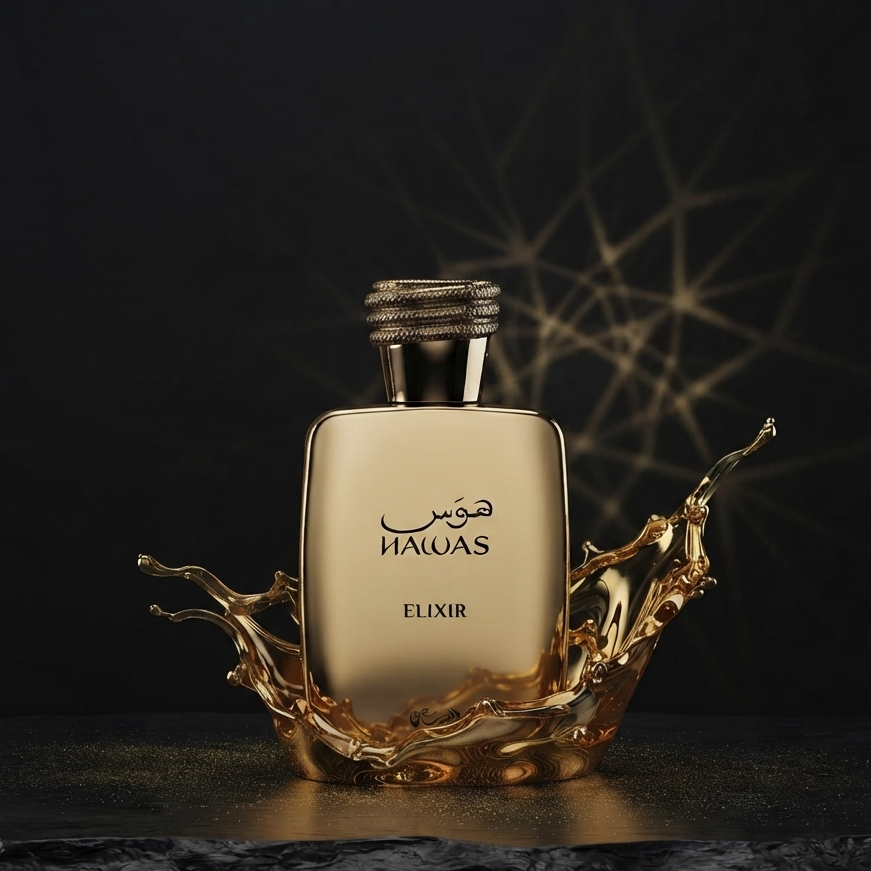 A rectangular perfume bottle labeled 'NAWAS ELIXIR' with Arabic script, displayed on a dark reflective surface with a metallic gold splash sculpture behind it against a black background. SHE GLOW