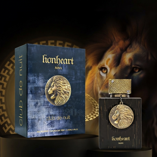 Club de Nuit by Armaf Lionheart Men fragrance shown with its blue box and dark bottle, both featuring a lion emblem, displayed on a black pedestal against a dark background with a lion face graphic.   SHE GLOW