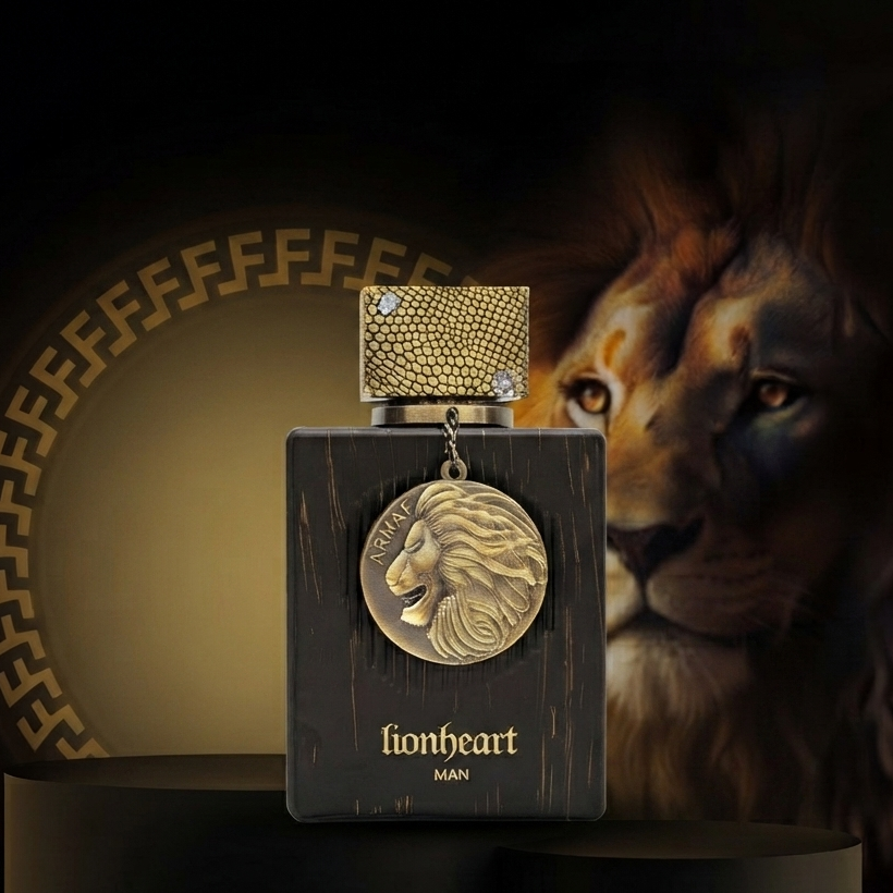 A bottle of lionheart MAN perfume by Armaf Club de Nuit, featuring a dark wood-grain rectangular bottle with a gold lion emblem on the front and a textured gold cap, displayed on a black pedestal with a lion graphic in the background.           SHE GLOW