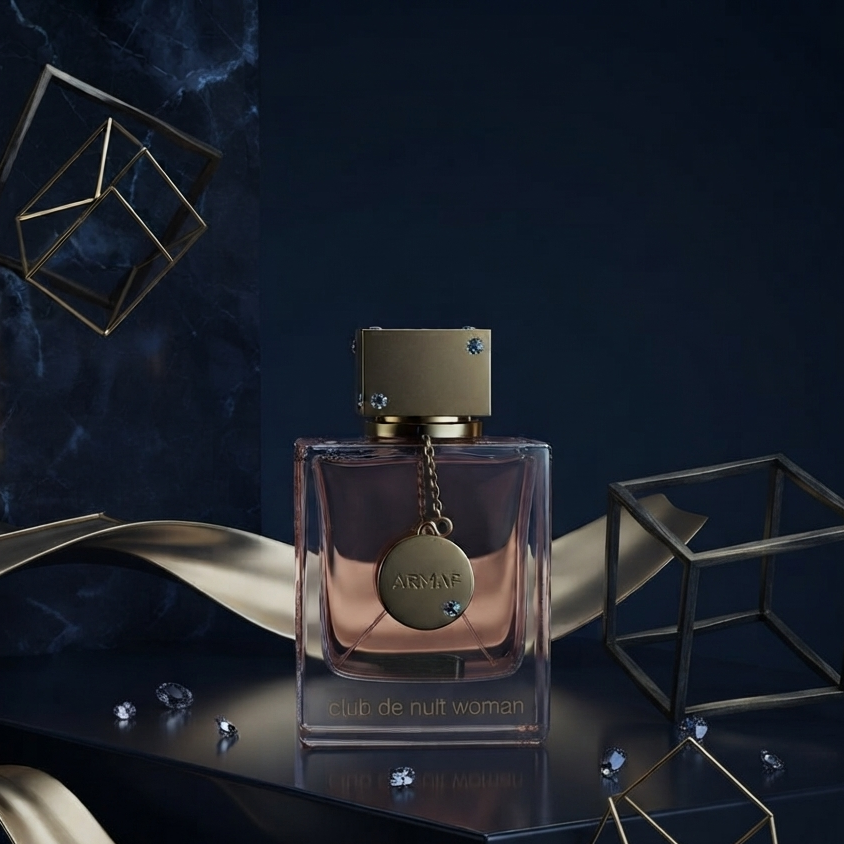 A perfume bottle labeled 'ARMADE' and 'eau de nuit women' stands on a glossy dark pedestal against a deep navy background, with metallic ribbon, geometric wireframe forms, and scattered clear crystal-like accents around it.               SHE GLOW