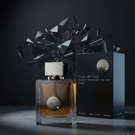 A bottle of ARISUE club de nuit man fragrance with amber liquid in a clear square bottle, shown next to its black packaging box with a silver circular detail, under a dramatic black faceted crystal-like crown on a dark studio background.             SHE GLOW