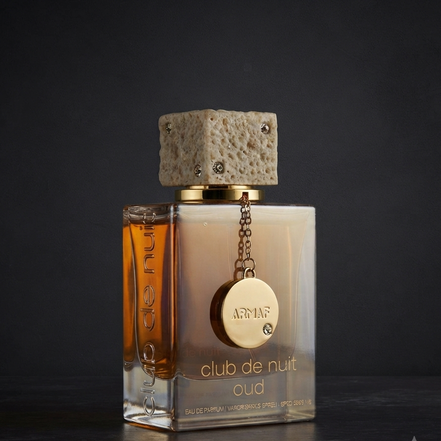 Armani Club de Nuit Oud perfume bottle with a textured stone-like cap, gold-tone branding, and amber liquid, photographed on a dark studio background. SHE GLOW