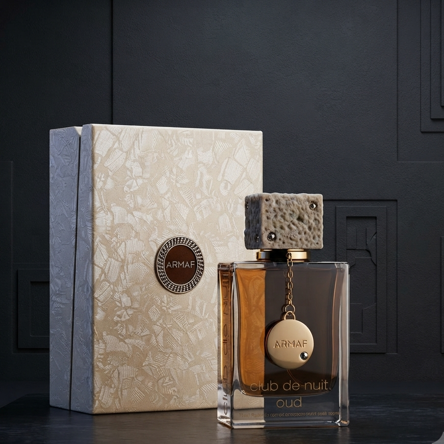 A bottle of ARMAF Oud Club de Nuit fragrance with a textured stone-like cap and gold-toned pendant, displayed next to its cream-colored patterned box on a dark surface against a dark paneled background. SHE GLOW