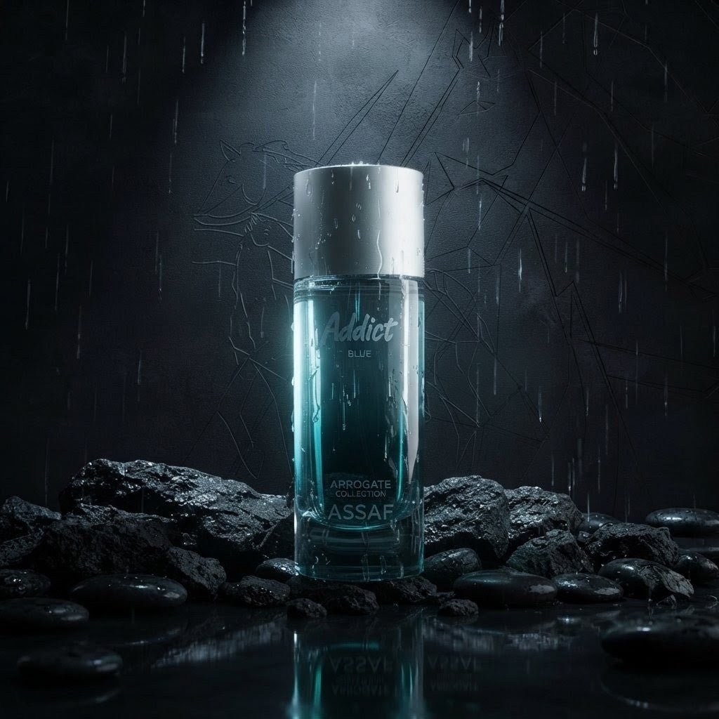A bottle of Assaf Addict Blue cologne stands on wet rocks in a dark, rainy setting with dramatic lighting and reflections. SHE GLOW