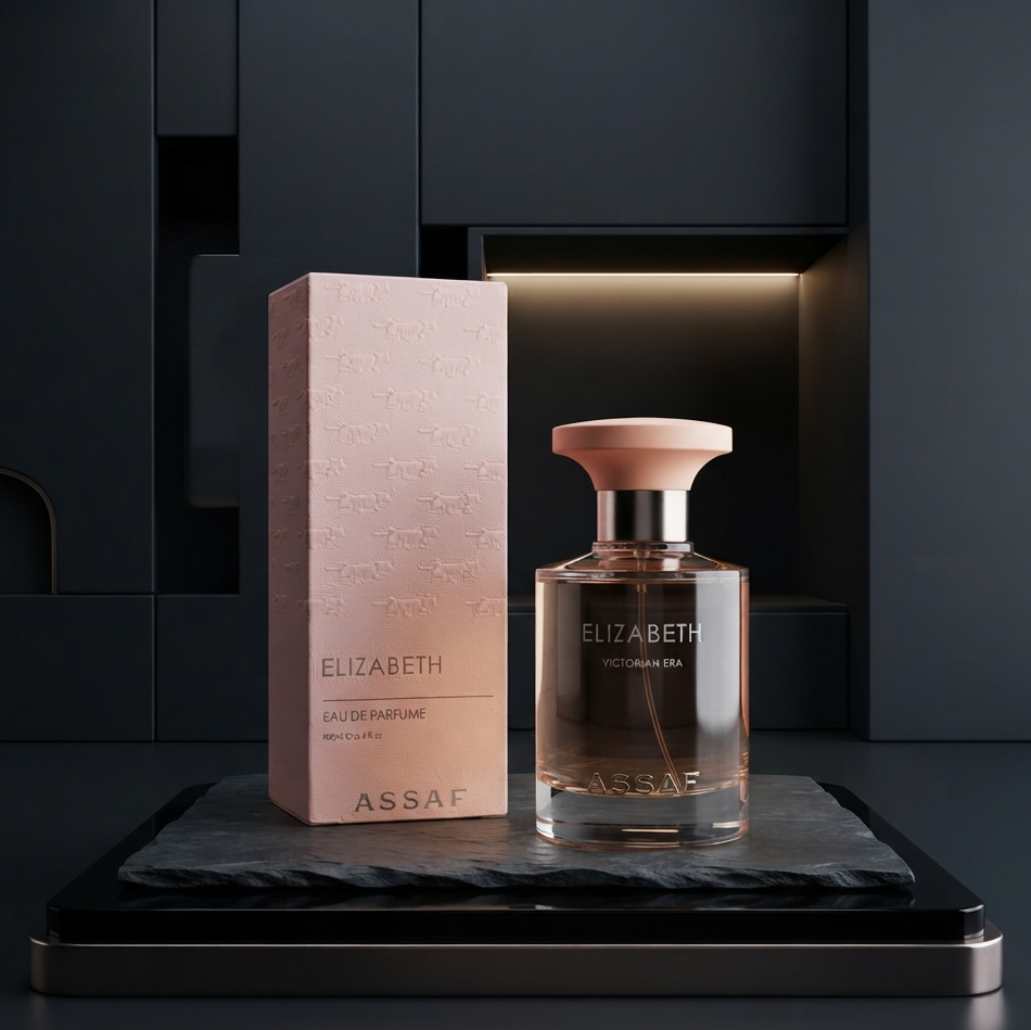Assaf Elizabeth Victoria Regina Eau de Parfum bottle with a pink cap next to its textured pink packaging box, displayed on a dark slate tray against a dark gray background. SHE GLOW