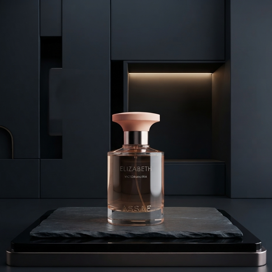 Elizabeth Victorian Era perfume bottle with a dusty pink cap and clear glass body, displayed on a black tray with a dark slate background. SHE GLOW