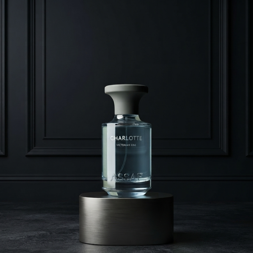 Charlotte Tilley Classik Eau de Toilette bottle displayed on a dark metallic pedestal against a dark paneled wall.   SHE GLOW