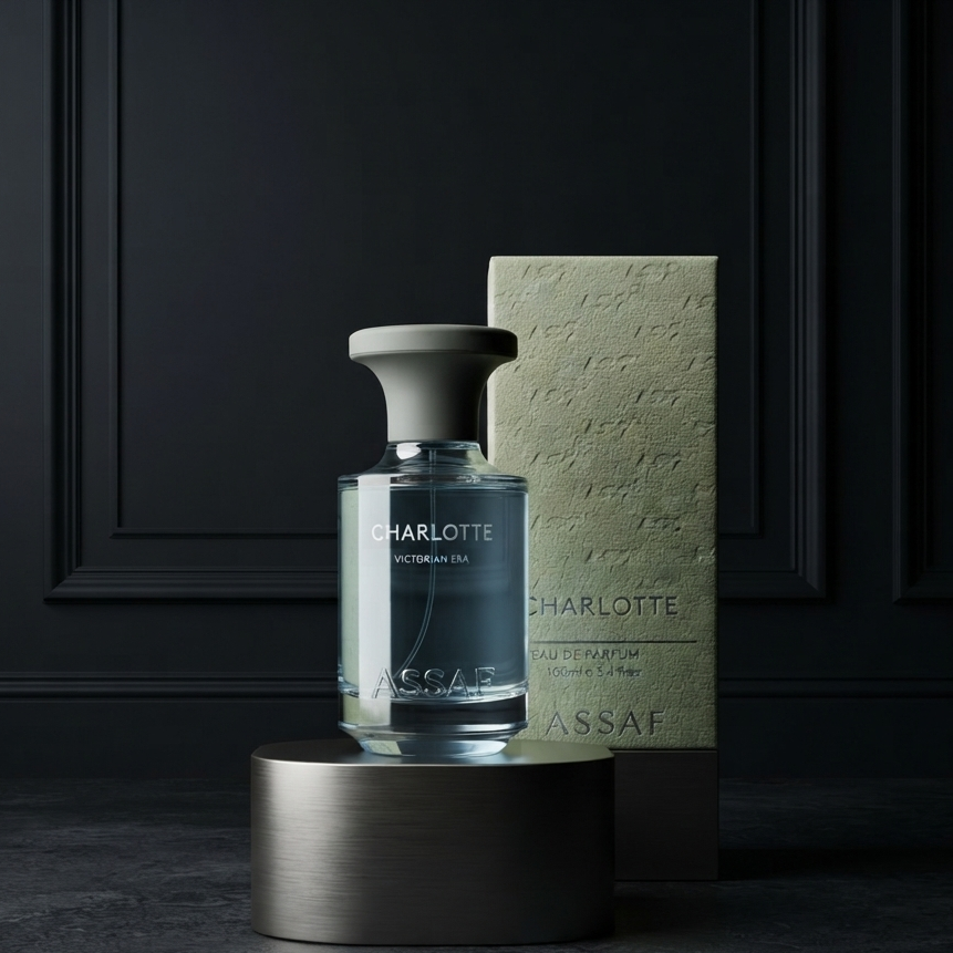 Charlotte Tilley Assaf Eau de Toilette perfume bottle displayed on a metallic pedestal with its textured box behind it against a dark paneled wall. SHE GLOW