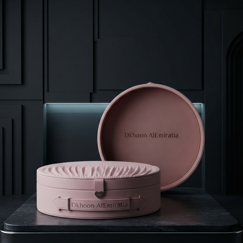 A round pink cosmetic case shown open with its lid leaning behind it on a dark pedestal. The case has a textured lid, a front clasp, and the brand name 'Dkhoon AlEmiratia' printed on both the lid and the front plaque. SHE GLOW