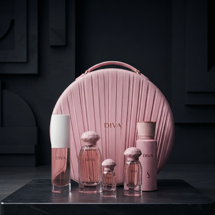 A pink round makeup or cosmetic case with four matching pink bottles and a white cylindrical bottle, all branded DIVA, arranged on a dark rectangular platform against a dark gray geometric background. SHE GLOW
