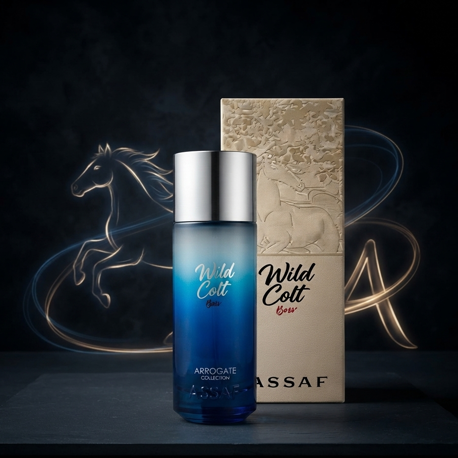 A bottle of Assaf Wild Cott Blue cologne with a silver cap stands in front of its beige textured packaging box. The background is dark with a glowing horse graphic and the brand name ASSAF visible on the box.    SHE GLOW
