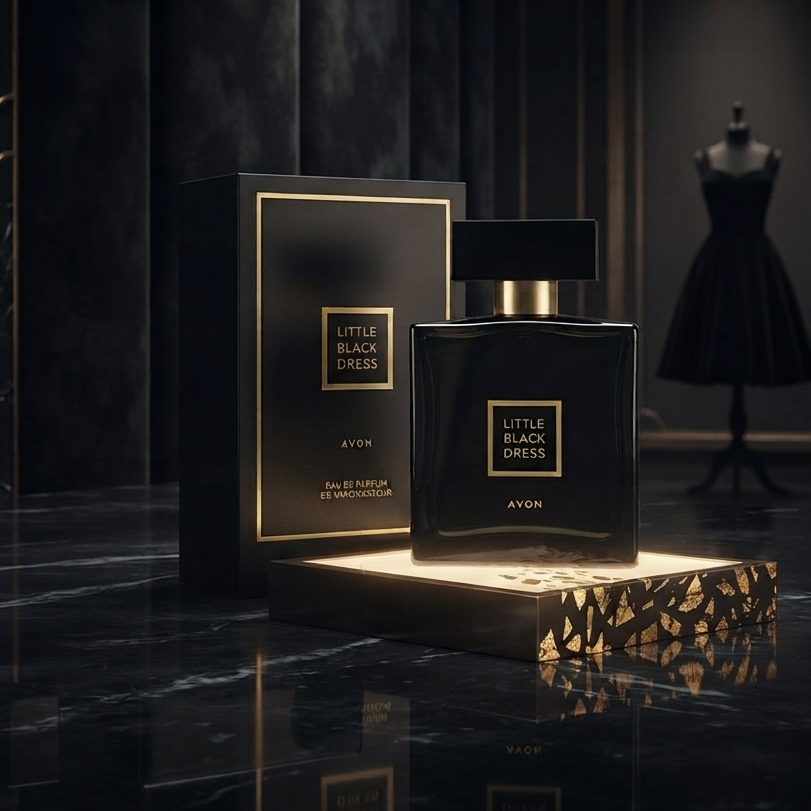 A bottle and box of Avon Little Black Dress Eau de Parfum displayed on a reflective black marble surface with a gold-framed presentation base. The packaging and bottle are black with gold lettering and borders. SHE GLOW 