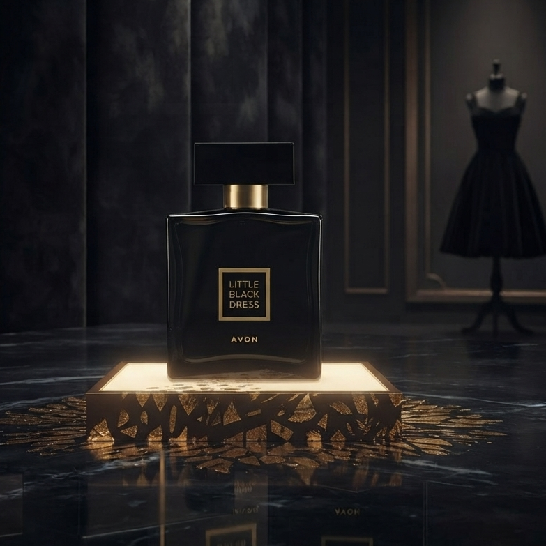 A black rectangular perfume bottle with a gold cap and gold-bordered front label reading 'LITTLE BLACK GUY' and 'AYOM', displayed on a glowing gold pedestal in a dark elegant room. Arabic text appears at the bottom, and a black dress form is visible in the background. SHE GLOW 