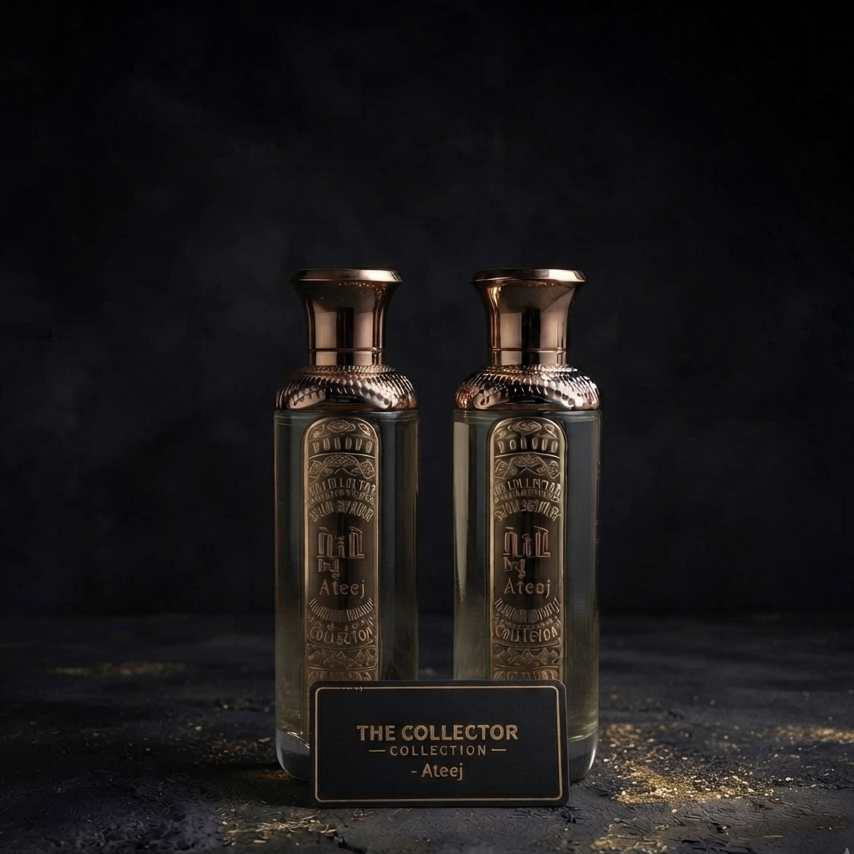 Two tall rectangular glass bottles with metallic bronze caps and decorative labels, standing side by side on a dark textured surface. A small black plaque in front reads 'THE COLLECTOR COLLECTION - Alcoh'. SHE GLOW ✨