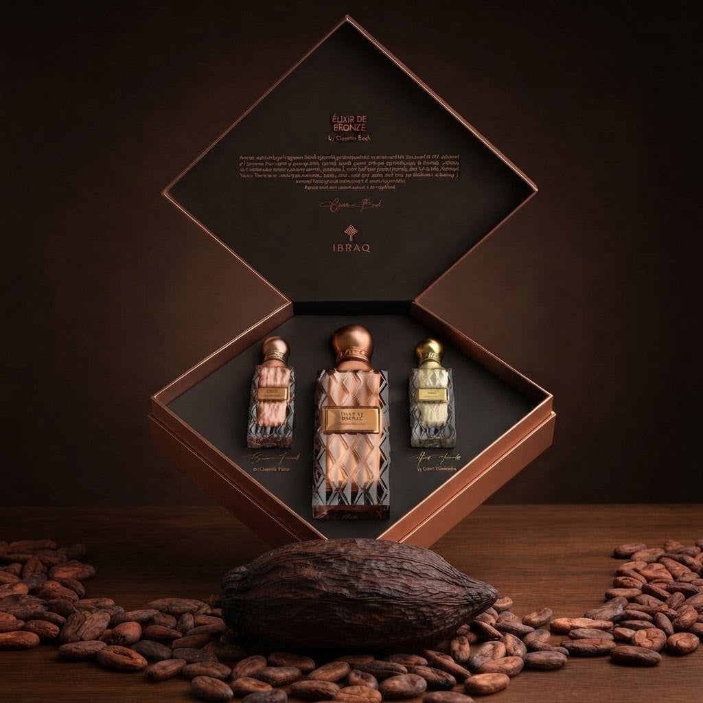 A luxury fragrance gift set by IBRAHIM, featuring three ornate glass perfume bottles with gold caps displayed inside an open diamond-shaped brown presentation box. The box is set on a wooden surface surrounded by scattered cocoa beans and a cocoa pod, against a dark brown 
SHE GLOW ✨