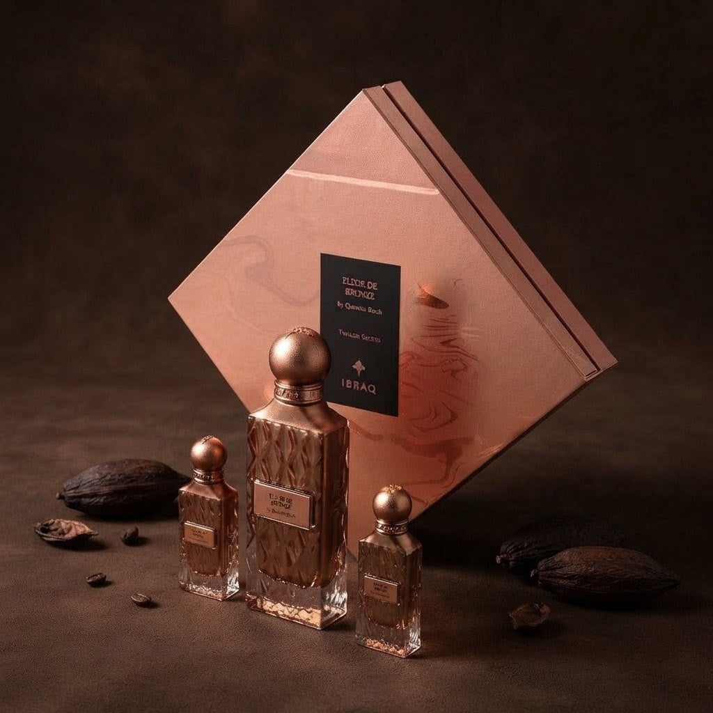 Three perfume bottles with metallic rose-gold caps and a matching diamond-shaped rose-gold gift box, styled with cocoa beans on a dark brown background. The brand name 'Eslaci' is visible on the labels. SHE GLOW ✨