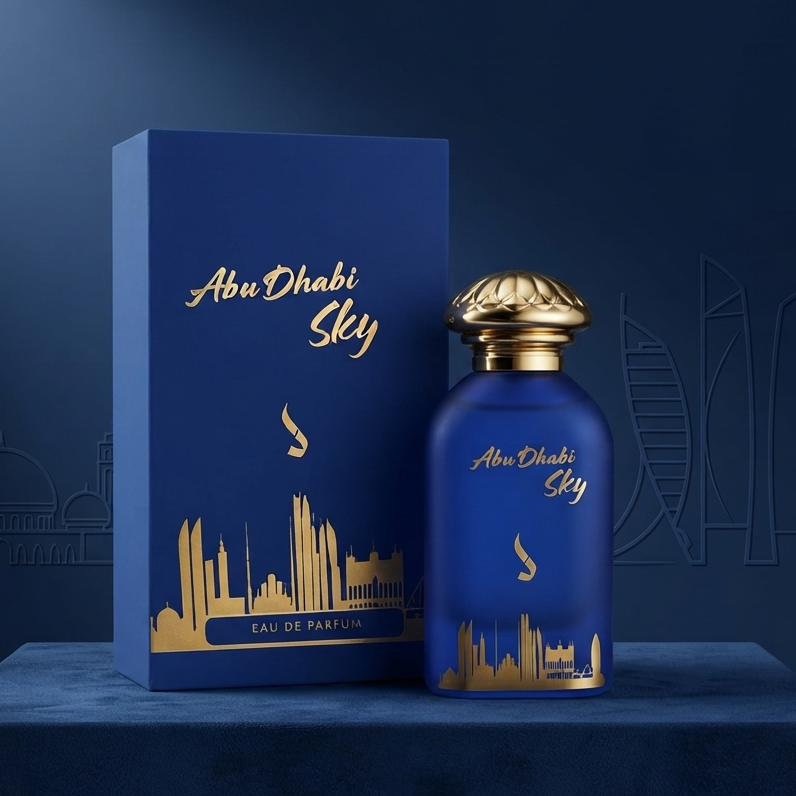 A blue perfume bottle and matching blue box with gold Abu Dhabi Sky cityscape artwork and gold lettering, displayed on a dark blue pedestal against a dark blue background.SHE GLOW ✨