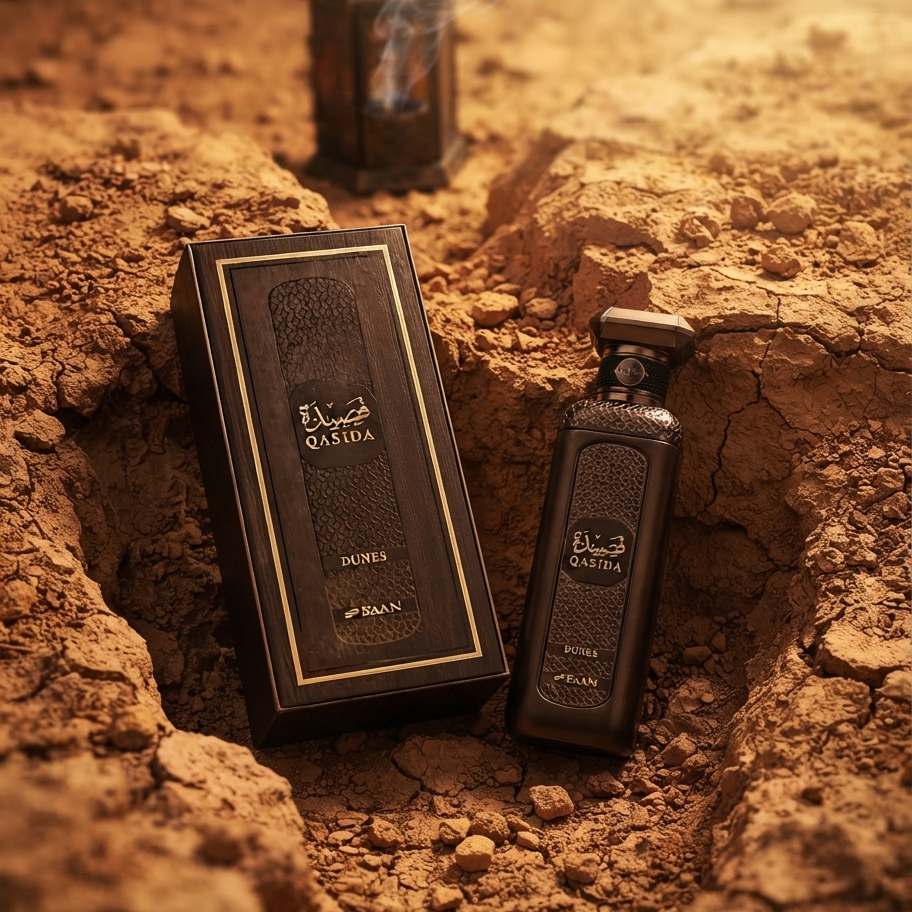 A dark brown Qasida Arabian perfume bottle and its matching box, styled in a rugged desert landscape resembling dry, cracked earth. SHE GLOW ✨
