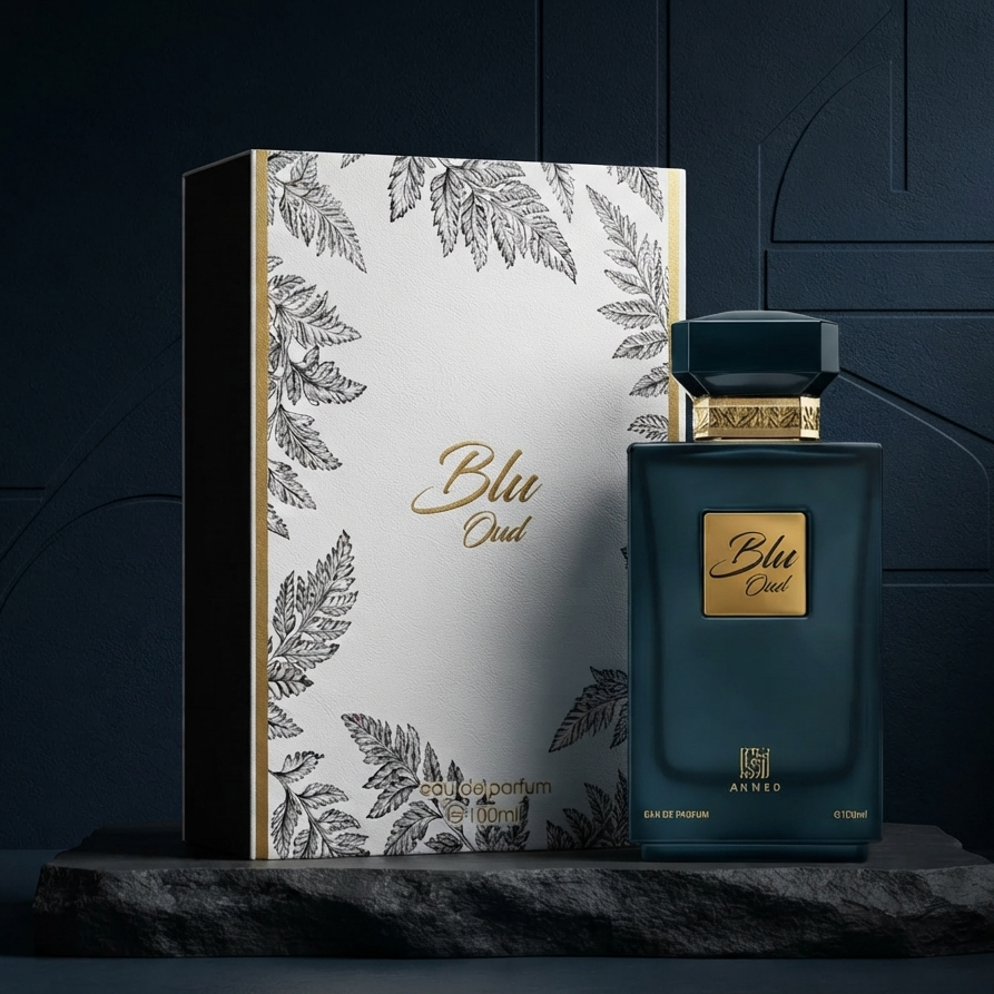 A dark teal rectangular perfume bottle with a gold label reading 'Blu Oud' stands beside its matching box, which has a white front with black botanical line art and gold lettering. The set is displayed on a dark stone slab against a dark blue background. SHE GLOW ✨