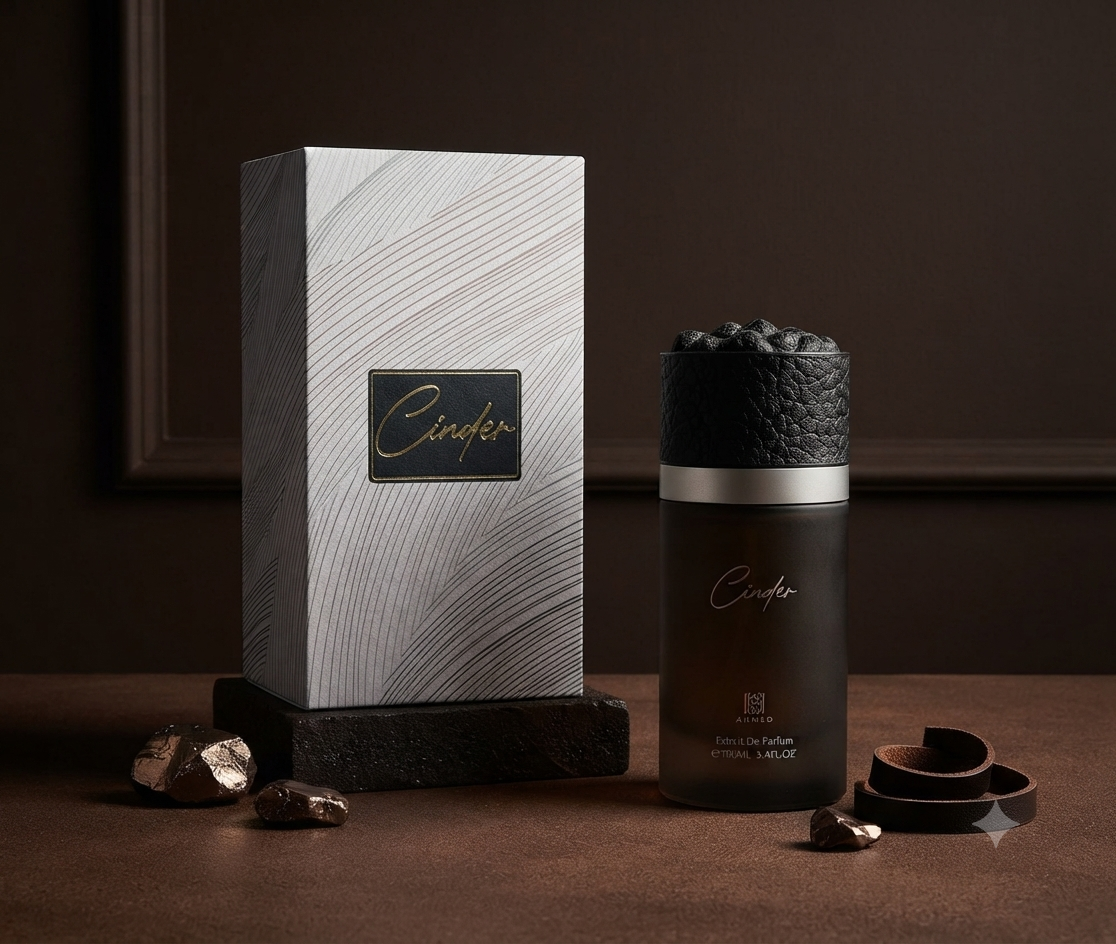A dark brown cylindrical perfume bottle with a textured black cap stands next to its tall silver-gray patterned box on a dark brown surface. The box and bottle both feature a black label with gold script reading 'Cinder'. SHE GLOW ✨