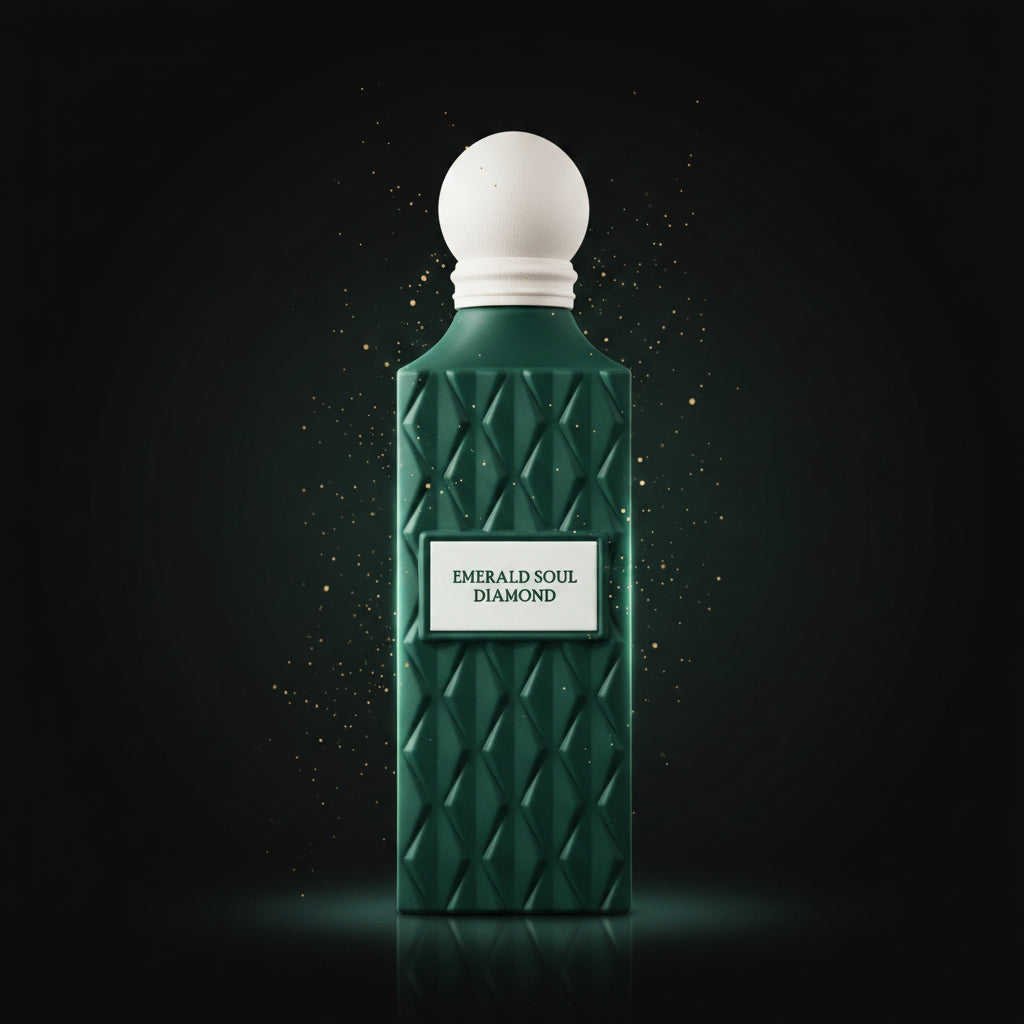 Emerald Soul Diamond perfume bottle in a textured dark green glass with a white spherical cap, shown on a white background with a soft shadow .        SHE GLOW ✨
