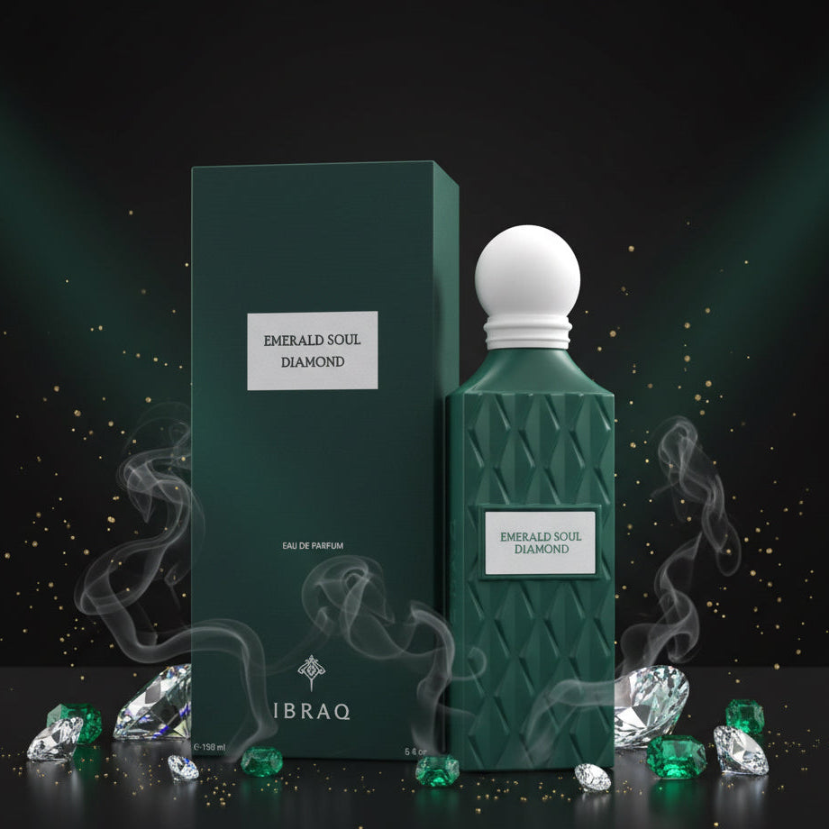 Emerald Soul Diamond Eau de Parfum by Ibrahim, featuring a textured dark green bottle with a white spherical cap next to its matching dark green box.    SHE GLOW ✨