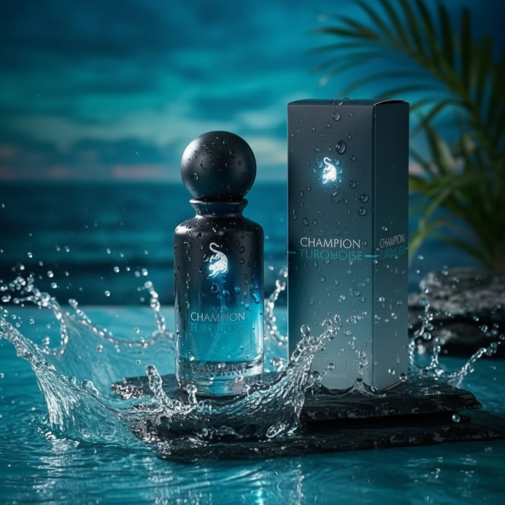 Champion Terroiriste perfume bottle and packaging on a reflective surface with a blurred natural background