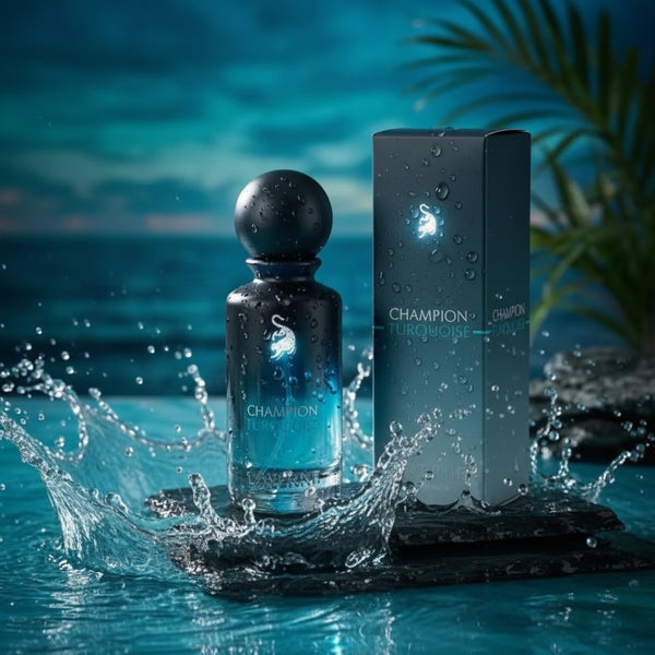 Champion Terroiriste perfume bottle and packaging on a reflective surface with a blurred natural background