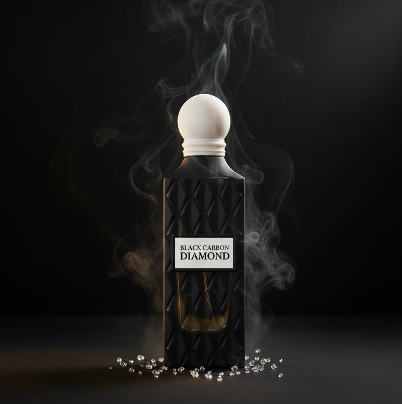 A black textured perfume bottle with a white spherical cap and a white label reading 'BLACK CARBON DIAMOND', shown on a white background with a soft SHE GLOW ✨