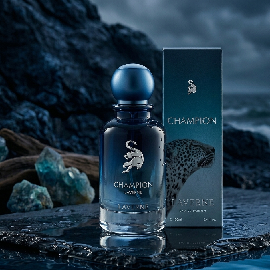 Laverne Champion perfume bottle and packaging on a dark, natural background