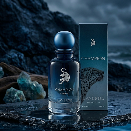 Laverne Champion perfume bottle and packaging on a dark, natural background