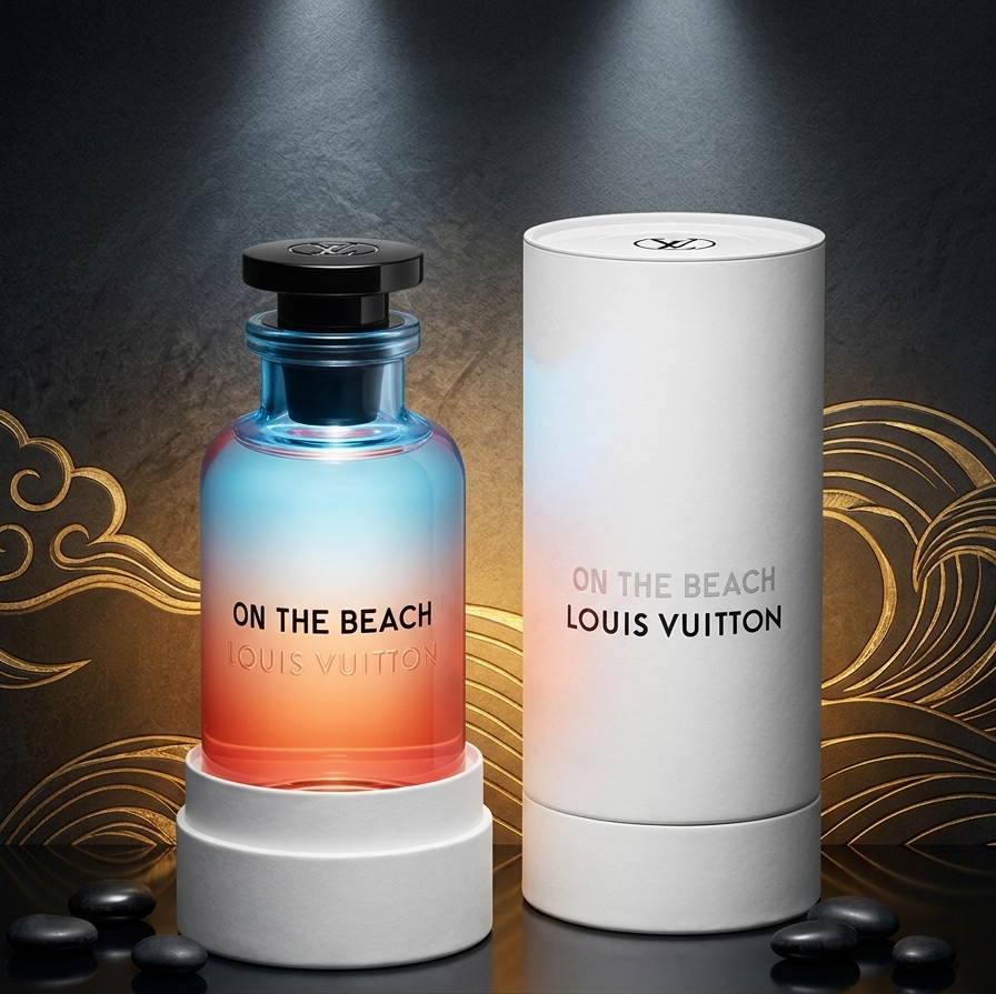 Louis Vuitton 'On the Beach' perfume bottle and packaging on a decorative background