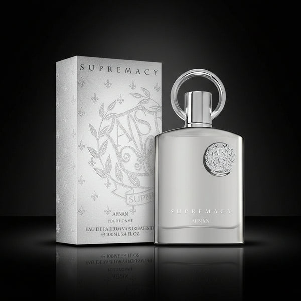 Supremacy perfume bottle and packaging on a black background SHE GLOW ✨