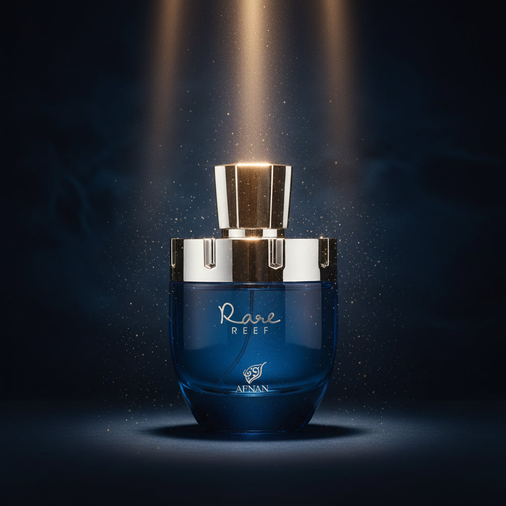 Blue perfume bottle with silver cap on a white background SHE GLOW 
