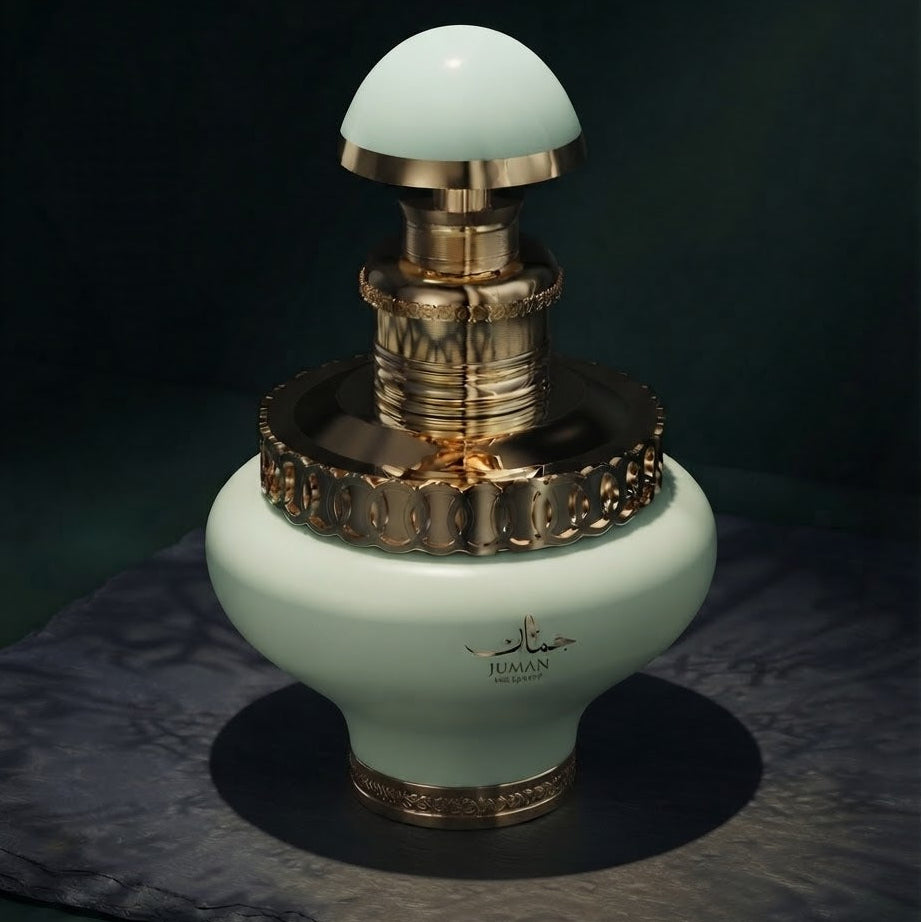 A luxury perfume bottle with a pale mint green glass body and ornate gold-toned metal detailing, set against a dark green background.SHE GLOW 