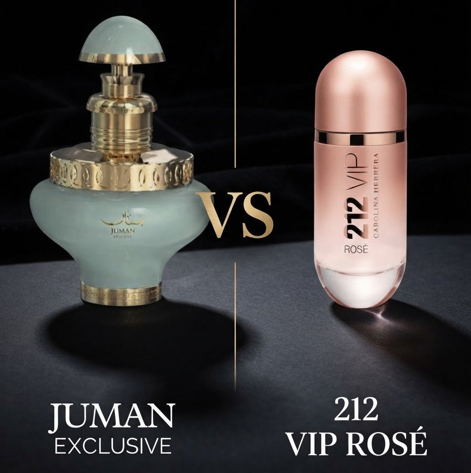 A side-by-side fragrance comparison graphic showing Juman Exclusive on the left and 212 VIP Rosé on the right, with a large VS in the center on a black background. SHE GLOW 