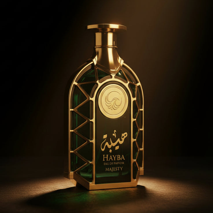 Hayba perfume bottle with green and gold design on a white background