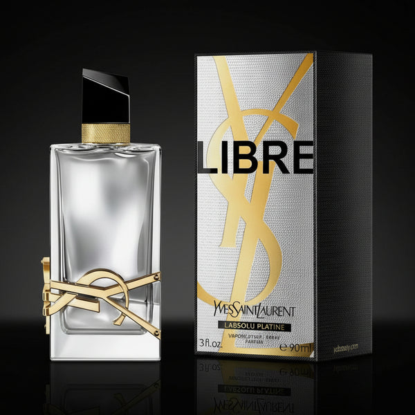 Yves Saint Laurent Libre perfume bottle and packaging on a black background
SHE GLOW ✨