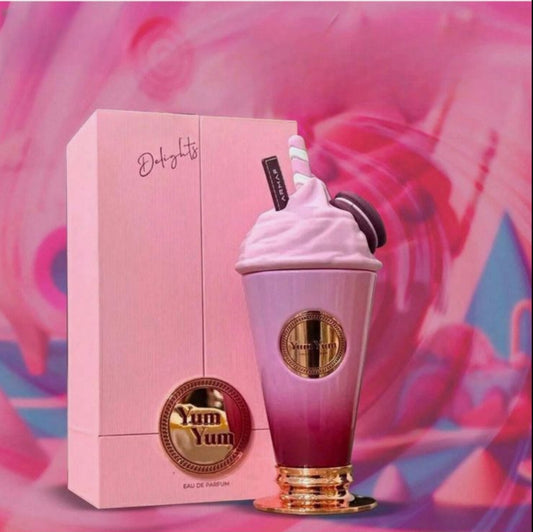 Pink and purple themed product with 'Yum Yum' branding against a colorful abstract background SHE GLOW ✨