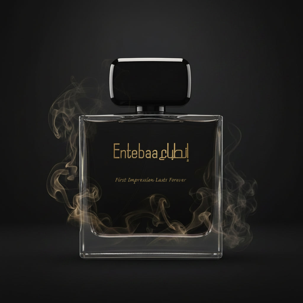 A clear glass perfume bottle with a black liquid and a black cap, featuring gold Arabic lettering and white English text that reads 'Entelha global' and 'First Impression Lasts Forever' on a white background. SHE GLOW ✨