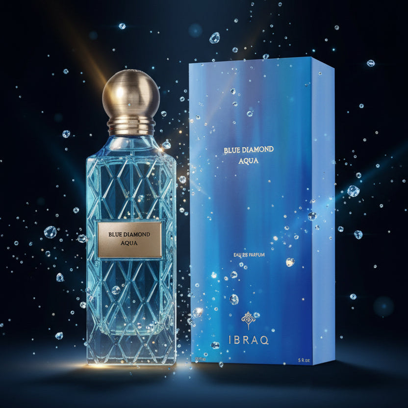 Blue Diamond Aqua Eau de Parfum bottle with a faceted light blue glass body and a gold-toned cap, shown next to its blue gradient packaging box by IBRAQ.        SHE GLOW ✨