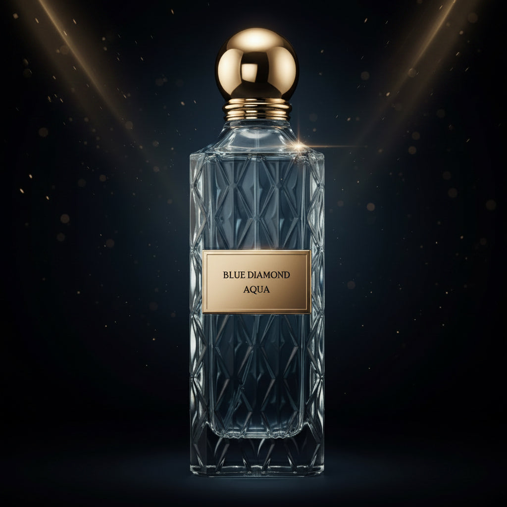 A faceted clear glass perfume bottle with a textured geometric pattern, a gold spherical cap, and a beige label reading 'BLUE DIAMOND AQUA'. SHE GLOW ✨