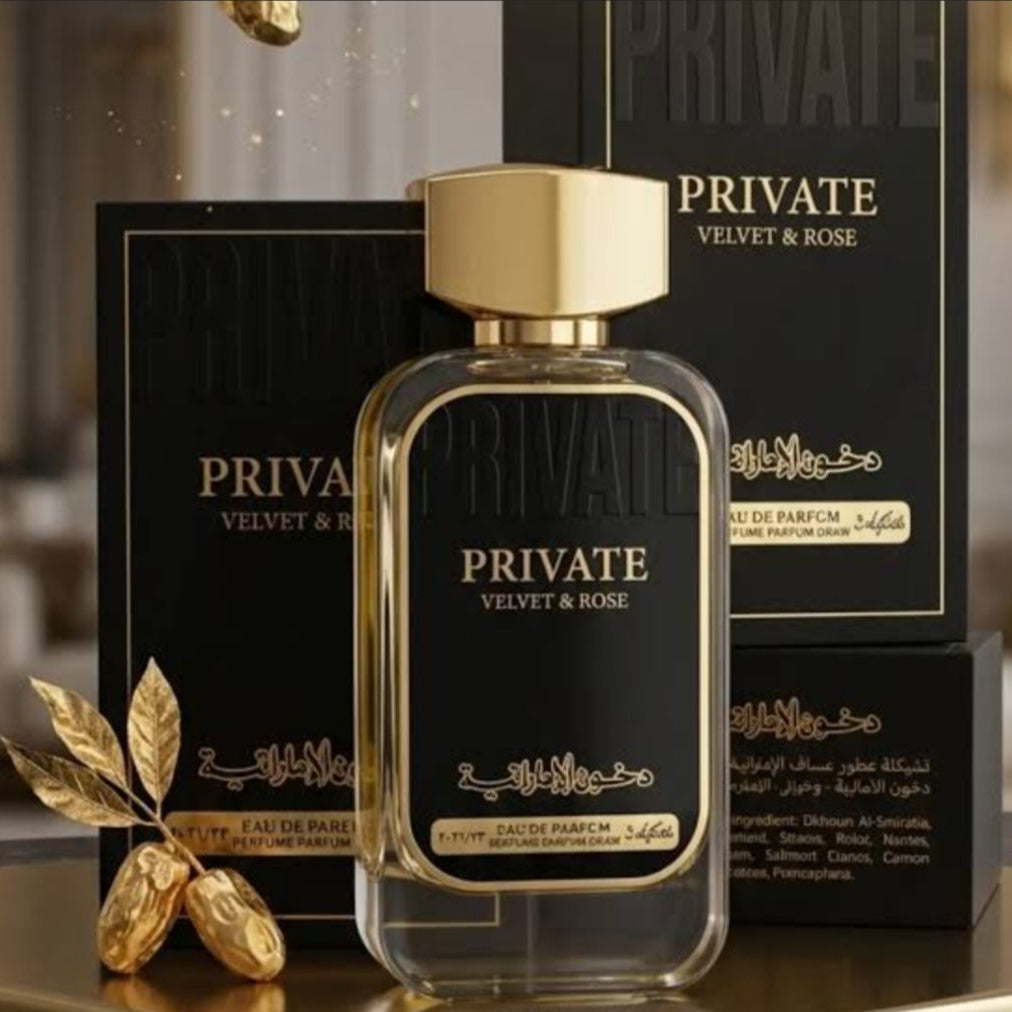 A luxury perfume bottle labeled 'PRIVATE VELVET & ROSE' with a gold cap, displayed in front of matching black and gold packaging boxes on a reflective 
SHE GLOW ✨